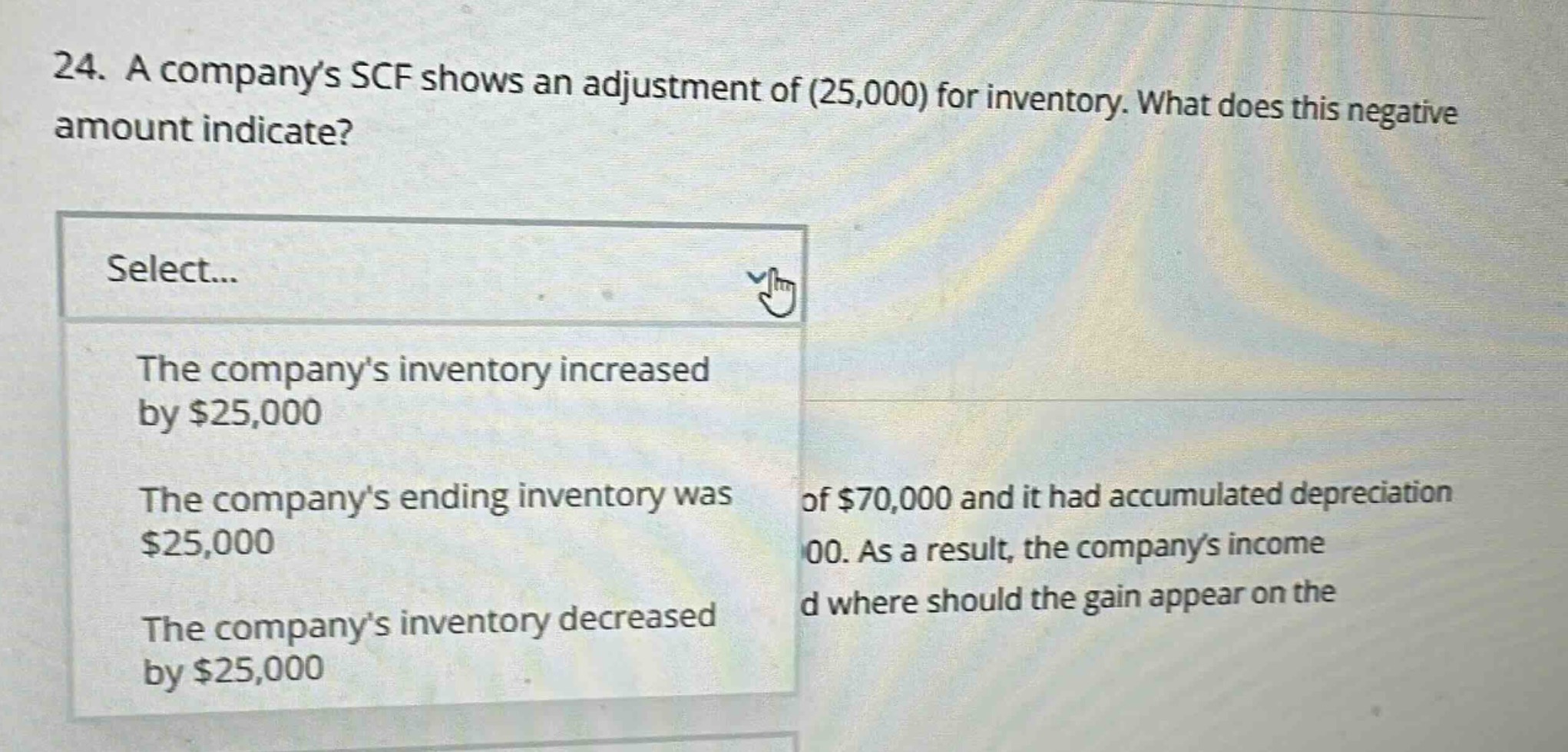 24. a companys scf shows an adjustment of (25,000) for inventory. what does this negative amount indicate? select... the companys inventory increased by $25,000 the companys ending inventory was $25,000 the companys inventory decreased by $25,000