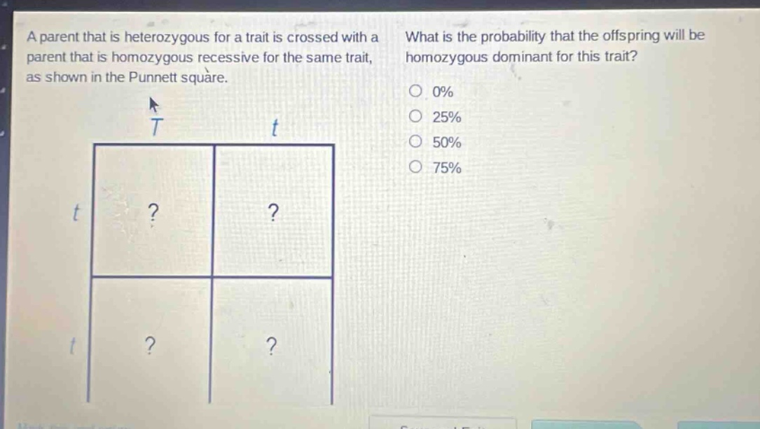 a parent that is heterozygous for a trait is crossed with a parent that is homozygous recessive for the same trait, as shown in the punnett square. what is the probability that the offspring will be homozygous dominant for this trait? 0% 25% 50% 75%