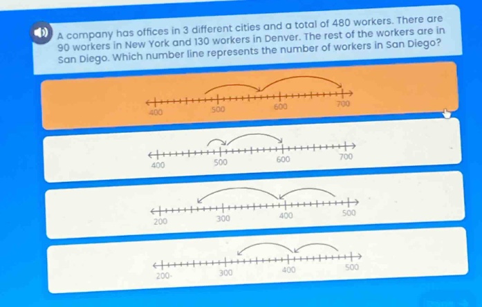 a company has offices in 3 different cities and a total of 480 workers. there are 90 workers in new york and 130 workers in denver. the rest of the workers are in san diego. which number line represents the number of workers in san diego?