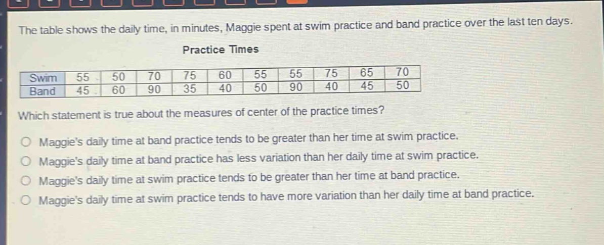 the table shows the daily time, in minutes, maggie spent at swim practice and band practice over the last ten days. practice times\n|swim|55|50|70|75|60|55|55|75|65|70|\n|band|45|60|90|35|40|50|90|40|45|50|\nwhich statement is true about the measures of center of the practice times?\no maggies daily time at band practice tends to be greater than her time at swim practice.\no maggies daily time at band practice has less variation than her daily time at swim practice.\no maggies daily time at swim practice tends to be greater than her time at band practice.\no maggies daily time at swim practice tends to have more variation than her daily time at band practice.