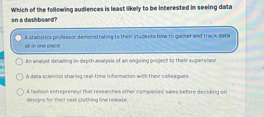 which of the following audiences is least likely to be interested in seeing data on a dashboard?\na statistics professor demonstrating to their students how to gather and track data all in one place\nan analyst detailing in - depth analysis of an ongoing project to their supervisor\na data scientist sharing real - time information with their colleagues\na fashion entrepreneur that researches other companies sales before deciding on designs for their next clothing line release.