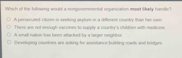 which of the following would a nongovernmental organization most likely handle?\na persecuted citizen is seeking asylum in a different country than her own.\nthere are not enough vaccines to supply a countrys children with medicine.\na small nation has been attacked by a larger neighbor.\ndeveloping countries are asking for assistance building roads and bridges.