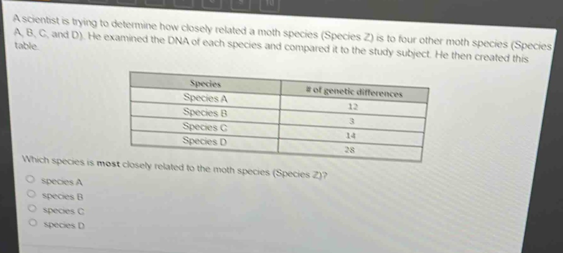 a scientist is trying to determine how closely related a moth species (species z) is to four other moth species (species a, b, c, and d). he examined the dna of each species and compared it to the study subject. he then created this table.\n\n| species | # of genetic differences |\n|--|--|\n| species a | 12 |\n| species b | 3 |\n| species c | 14 |\n| species d | 28 |\n\nwhich species is most closely related to the moth species (species z)?\no species a\no species b\no species c\no species d