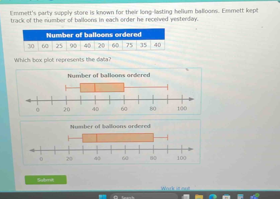 emmetts party supply store is known for their long - lasting helium balloons. emmett kept track of the number of balloons in each order he received yesterday.\nnumber of balloons ordered\n30 60 25 90 40 20 60 75 35 40\nwhich box plot represents the data?\nnumber of balloons ordered\n0 20 40 60 80 100\nnumber of balloons ordered\n0 20 40 60 80 100