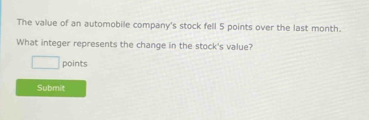 the value of an automobile companys stock fell 5 points over the last month. what integer represents the change in the stocks value? points
