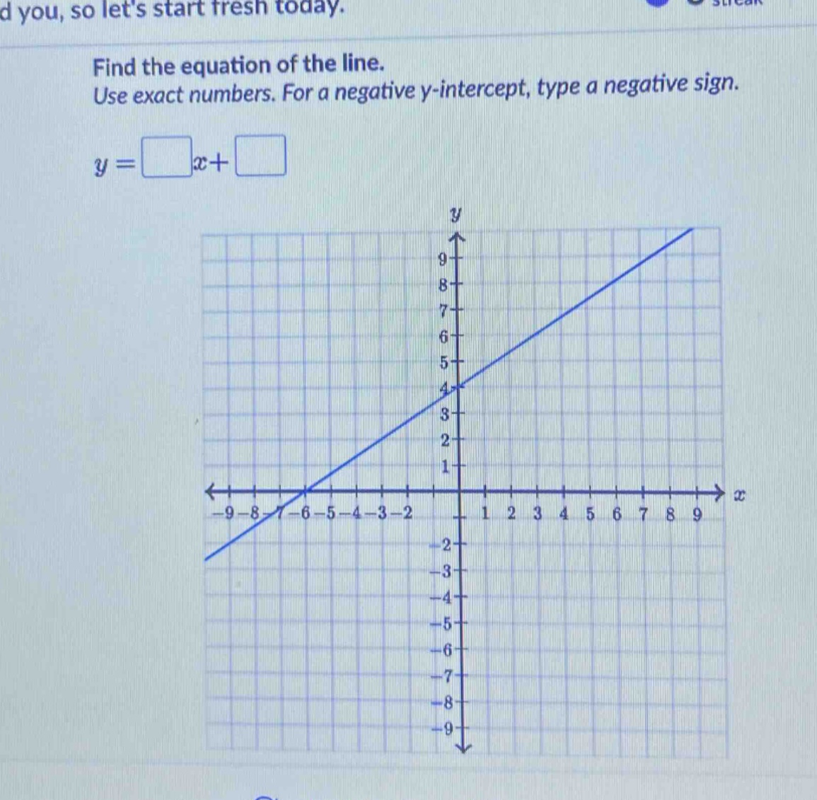 find the equation of the line. use exact numbers. for a negative y - intercept, type a negative sign. $y=square x+square$