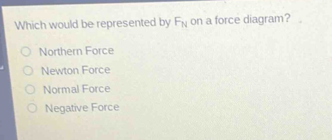 which would be represented by $f_n$ on a force diagram?\nnorthern force\nnewton force\nnormal force\nnegative force