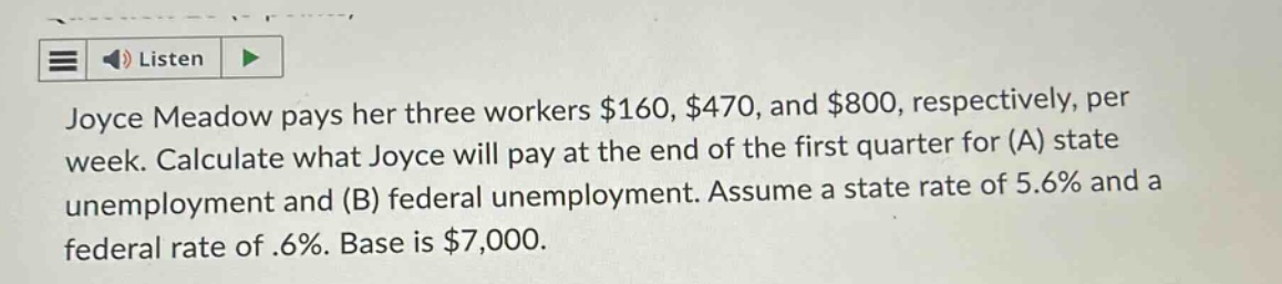 joyce meadow pays her three workers $160, $470, and $800, respectively, per week. calculate what joyce will pay at the end of the first quarter for (a) state unemployment and (b) federal unemployment. assume a state rate of 5.6% and a federal rate of .6%. base is $7,000.