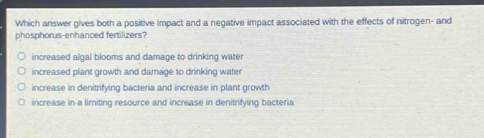 which answer gives both a positive impact and a negative impact associated with the effects of nitrogen - and phosphorus - enhanced fertilizers?\no increased algal blooms and damage to drinking water\no increased plant growth and damage to drinking water\no increase in denitrifying bacteria and increase in plant growth\no increase in a limiting resource and increase in denitrifying bacteria