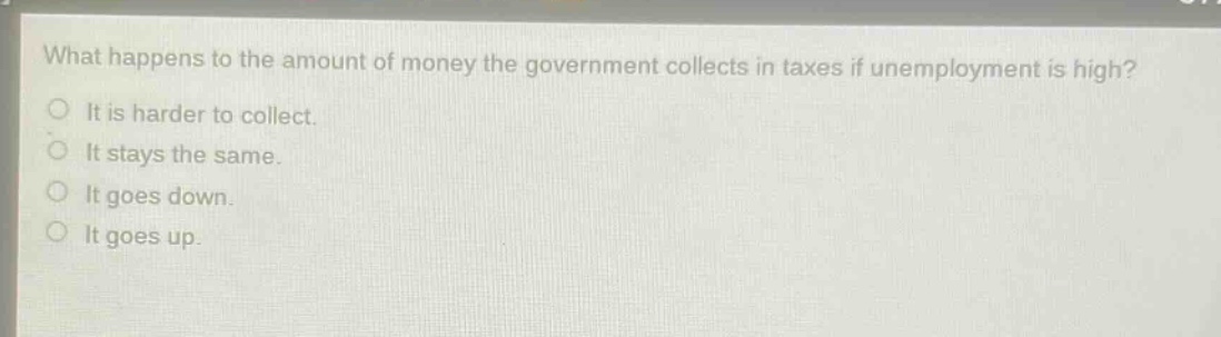 what happens to the amount of money the government collects in taxes if unemployment is high?\nit is harder to collect.\nit stays the same.\nit goes down.\nit goes up.