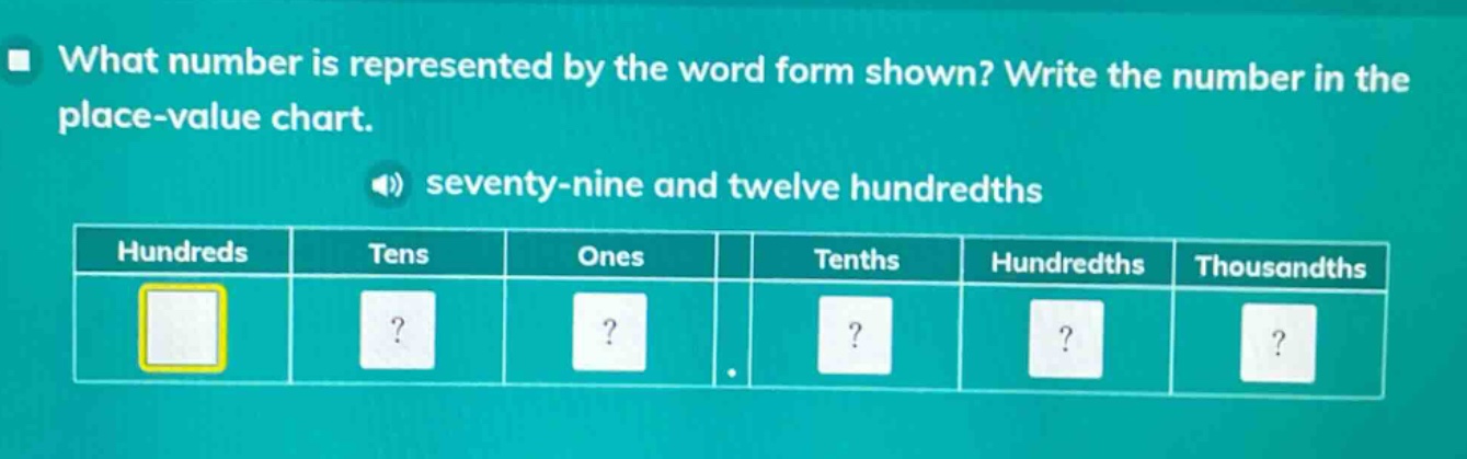 what number is represented by the word form shown? write the number in the place - value chart. seventy - nine and twelve hundredths