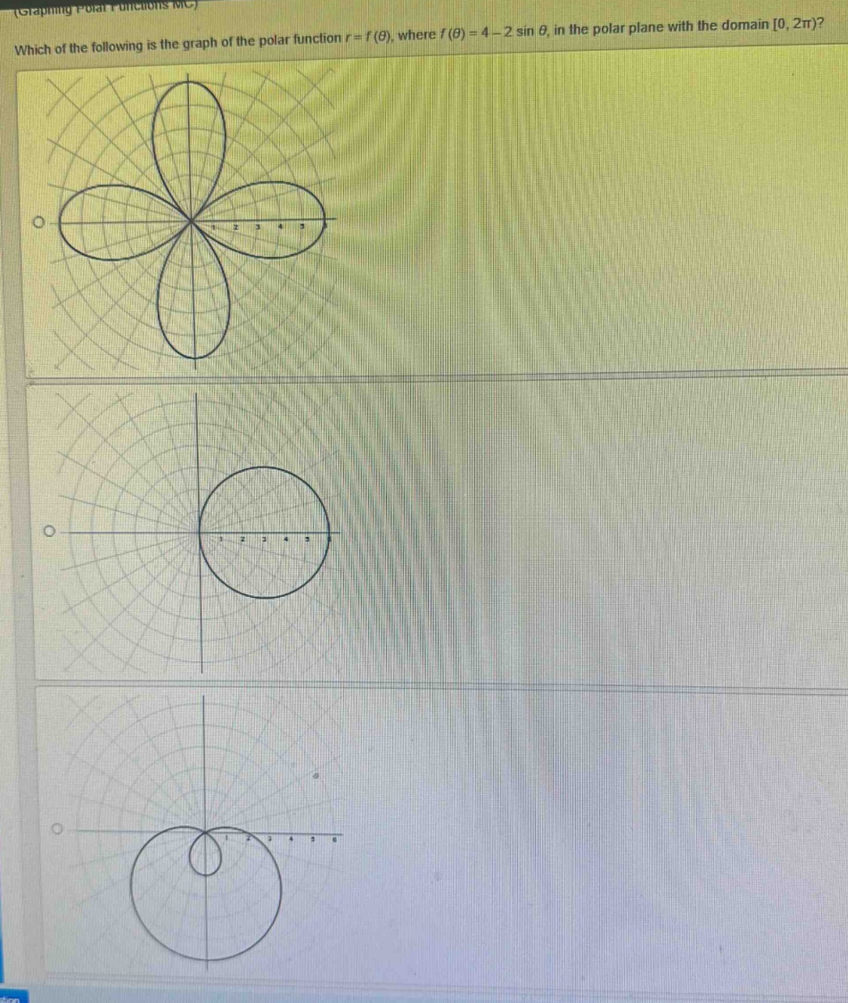 which of the following is the graph of the polar function (r = f(\theta)), where (f(\theta)=4 - 2sin\theta), in the polar plane with the domain (0,2pi))?