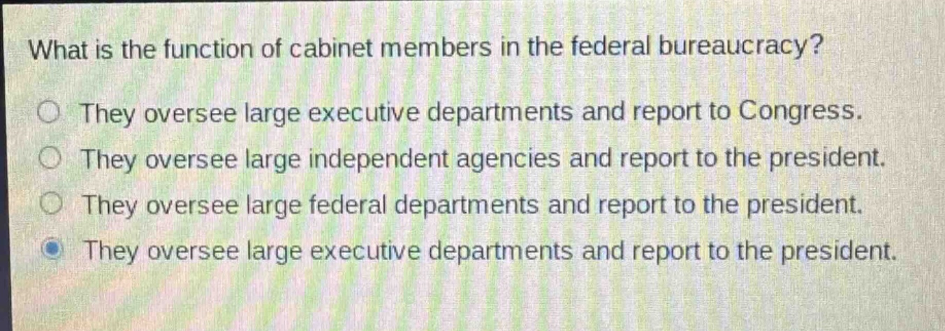 what is the function of cabinet members in the federal bureaucracy?\nthey oversee large executive departments and report to congress.\nthey oversee large independent agencies and report to the president.\nthey oversee large federal departments and report to the president.\nthey oversee large executive departments and report to the president.