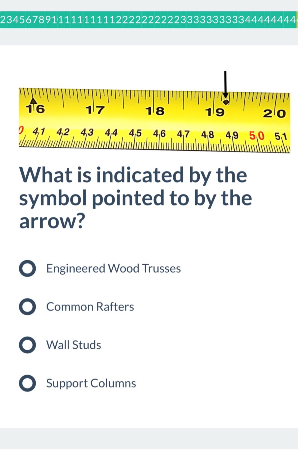 what is indicated by the symbol pointed to by the arrow?\nengineered wood trusses\ncommon rafters\nwall studs\nsupport columns