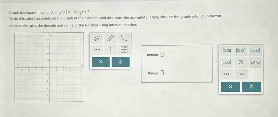 graph the logarithmic function (g(x)=-log_{2}x + 2). to do this, plot two points on the graph of the function, and also draw the asymptote. then, click on the graph - a - function button. additionally, give the domain and range of the function using interval notation. domain: range: