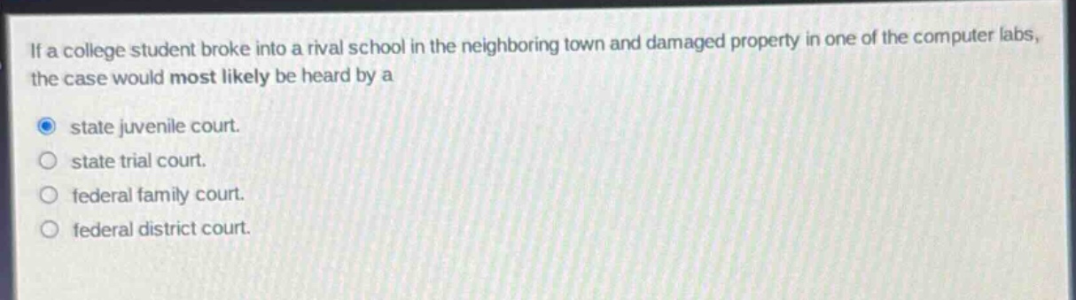 if a college student broke into a rival school in the neighboring town and damaged property in one of the computer labs, the case would most likely be heard by a\nstate juvenile court.\nstate trial court.\nfederal family court.\nfederal district court.