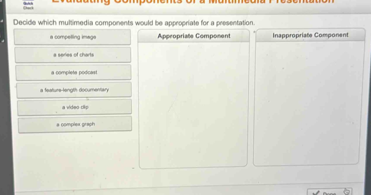 decide which multimedia components would be appropriate for a presentation. a compelling image a series of charts a complete podcast a feature - length documentary a video clip a complex graph