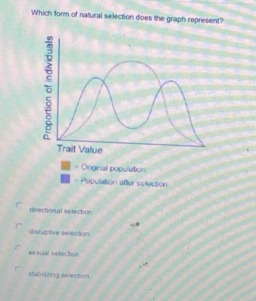 which form of natural selection does the graph represent?\nproportion of individuals\ntrait value\noriginal population\npopulation after selection\ndirectional selection\ndisruptive selection\nsexual selection\nstabilizing selection