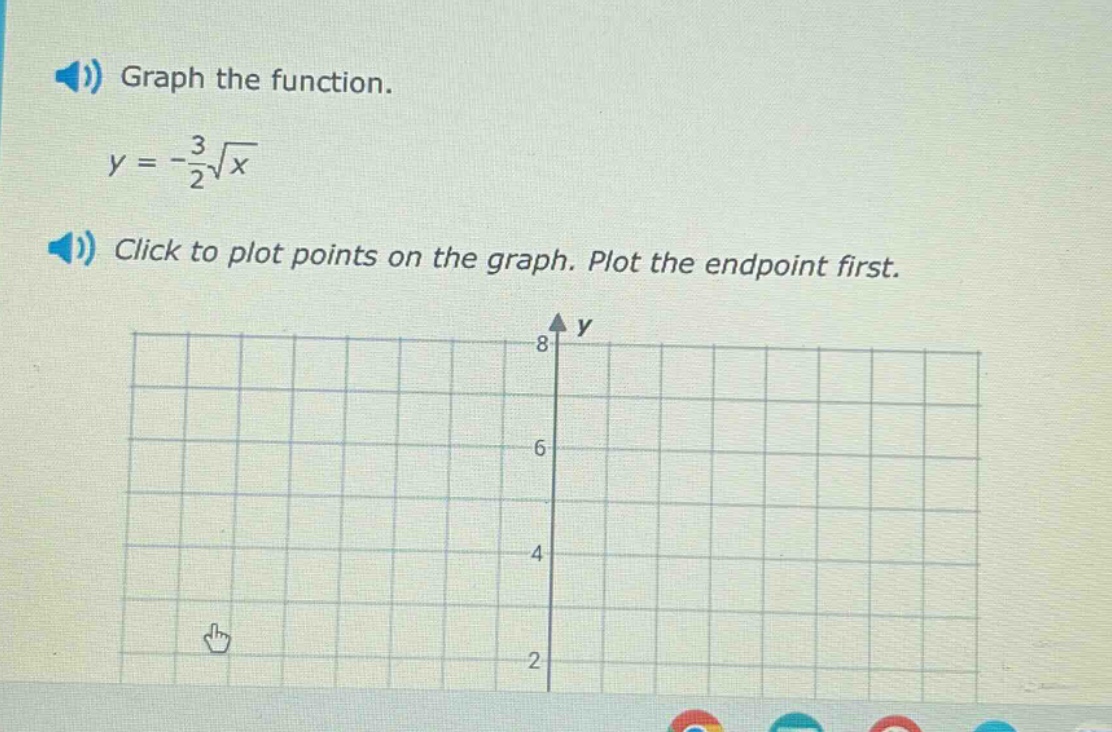 graph the function.\ny = -\\frac{3}{2}\\sqrt{x}\nclick to plot points on the graph. plot the endpoint first.