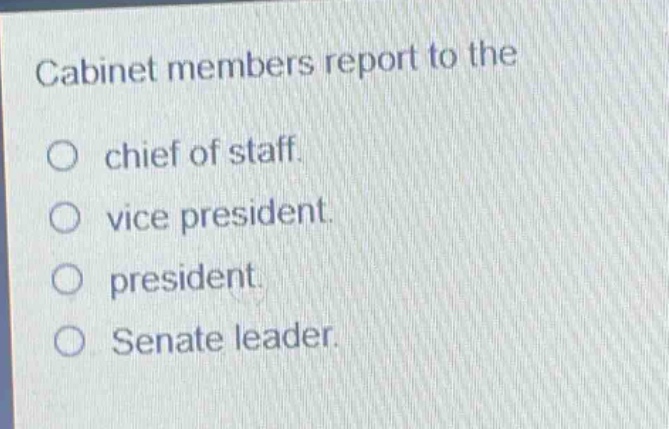 cabinet members report to the\no chief of staff.\no vice president.\no president.\no senate leader.