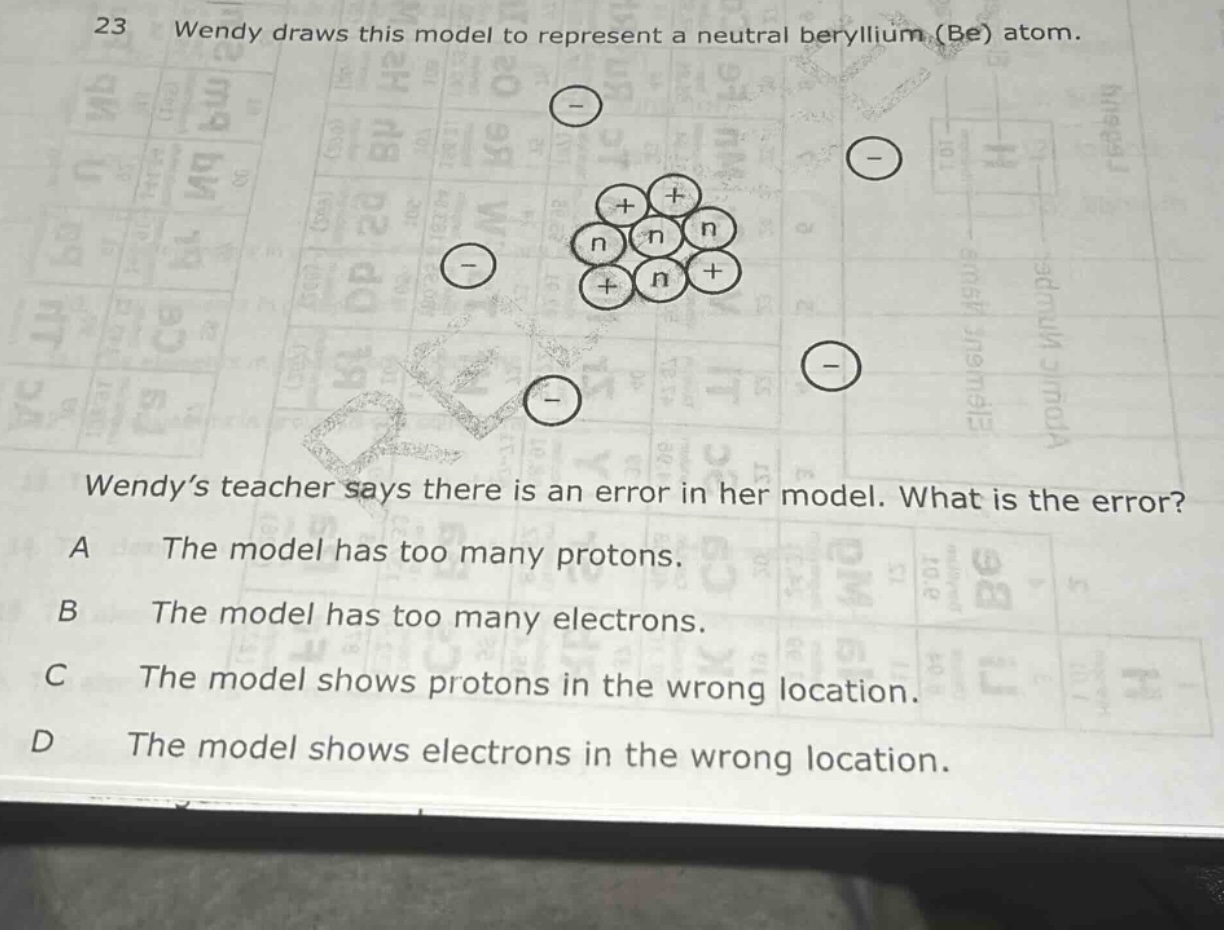 23 wendy draws this model to represent a neutral beryllium (be) atom. wendy’s teacher says there is an error in her model. what is the error? a the model has too many protons. b the model has too many electrons. c the model shows protons in the wrong location. d the model shows electrons in the wrong location.