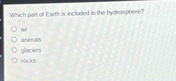 which part of earth is included in the hydrosphere?\no air\no animals\no glaciers\no rocks