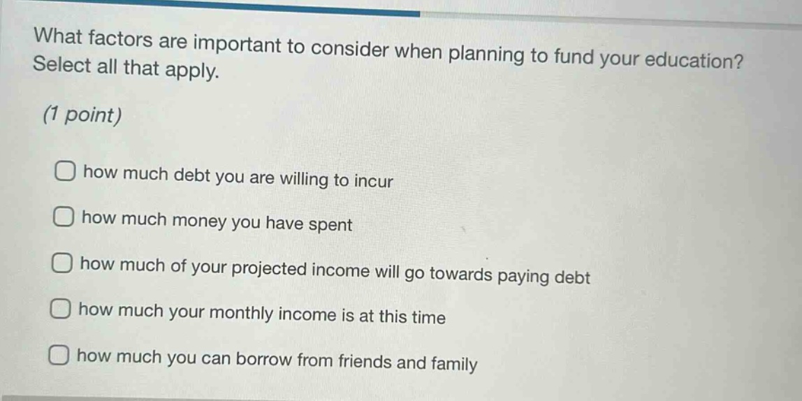 what factors are important to consider when planning to fund your education? select all that apply. (1 point) how much debt you are willing to incur how much money you have spent how much of your projected income will go towards paying debt how much your monthly income is at this time how much you can borrow from friends and family