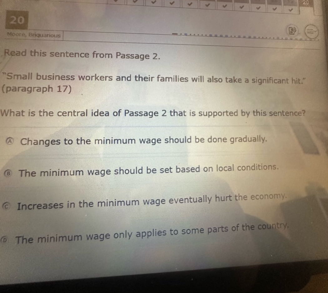 read this sentence from passage 2. \small business workers and their families will also take a significant hit.\ (paragraph 17) what is the central idea of passage 2 that is supported by this sentence? a changes to the minimum wage should be done gradually. b the minimum wage should be set based on local conditions. c increases in the minimum wage eventually hurt the economy. d the minimum wage only applies to some parts of the country.