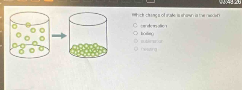 which change of state is shown in the model?\ncondensation\nboiling\nsublimation\nfreezing
