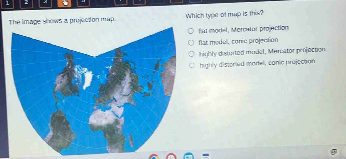 the image shows a projection map. which type of map is this? flat model, mercator projection flat model, conic projection highly distorted model, mercator projection highly distorted model, conic projection