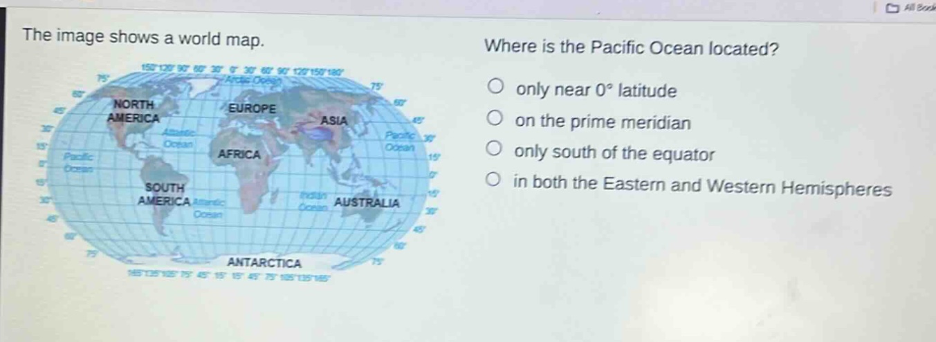the image shows a world map. where is the pacific ocean located? only near 0° latitude on the prime meridian only south of the equator in both the eastern and western hemispheres