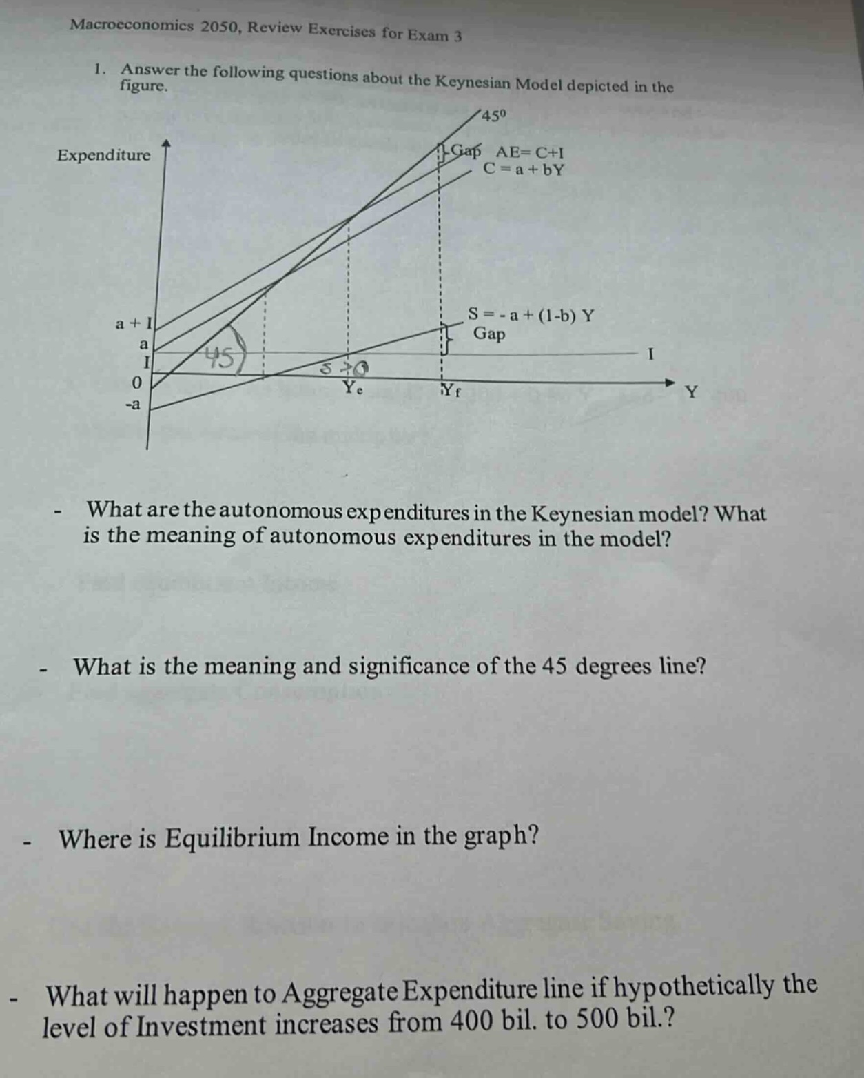 macroeconomics 2050, review exercises for exam 3\n1. answer the following questions about the keynesian model depicted in the figure.\n- what are the autonomous expenditures in the keynesian model? what is the meaning of autonomous expenditures in the model?\n- what is the meaning and significance of the 45 degrees line?\n- where is equilibrium income in the graph?\n- what will happen to aggregate expenditure line if hypothetically the level of investment increases from 400 bil. to 500 bil.?