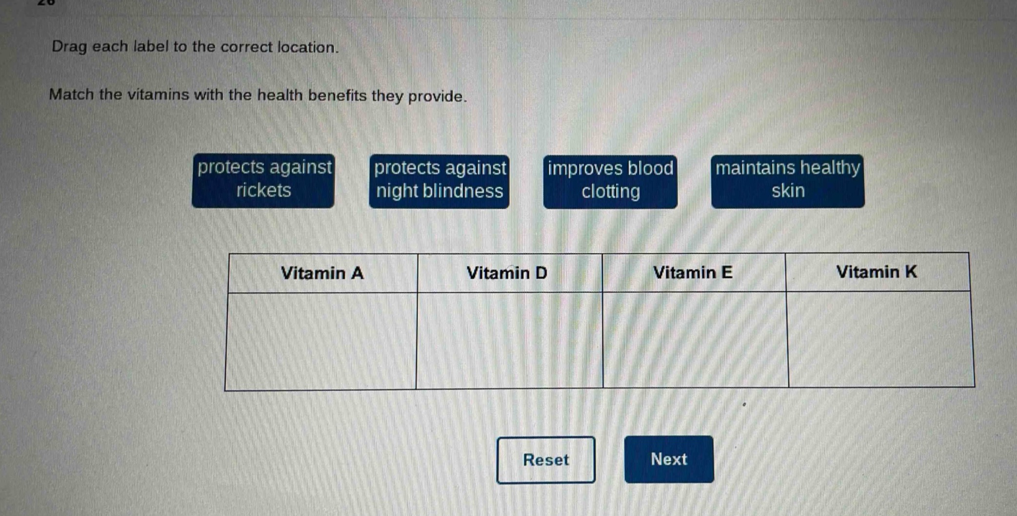 drag each label to the correct location. match the vitamins with the health benefits they provide. protects against rickets protects against night blindness improves blood clotting maintains healthy skin vitamin a vitamin d vitamin e vitamin k reset next