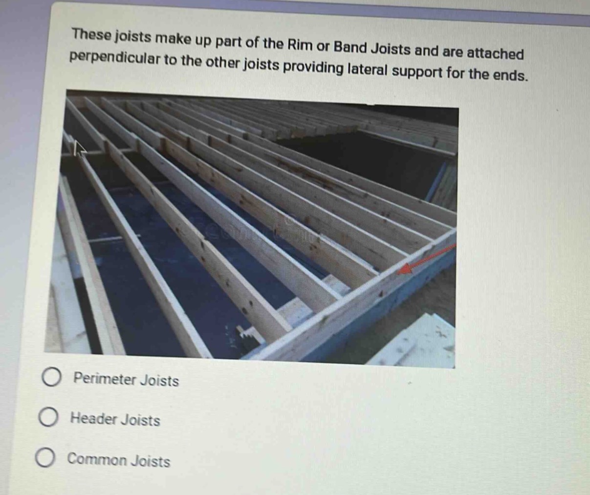 these joists make up part of the rim or band joists and are attached perpendicular to the other joists providing lateral support for the ends.\nperimeter joists\nheader joists\ncommon joists