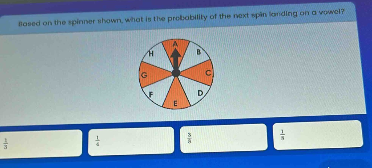 based on the spinner shown, what is the probability of the next spin landing on a vowel?