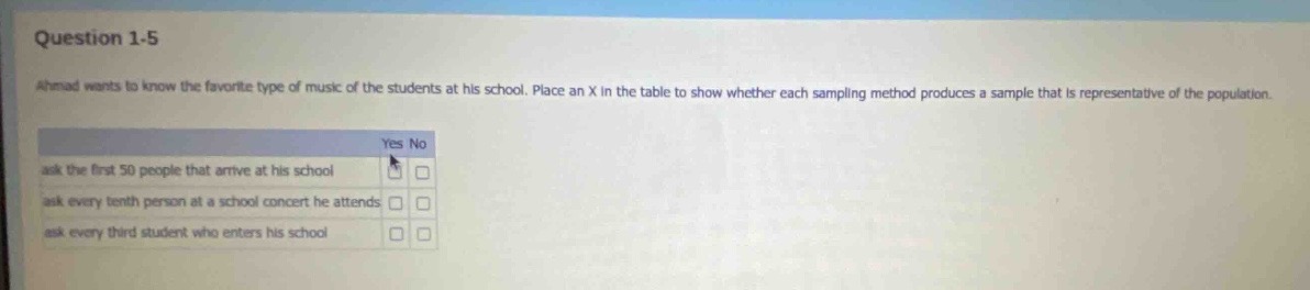 question 1 - 5\nahmad wants to know the favorite type of music of the students at his school. place an x in the table to show whether each sampling method produces a sample that is representative of the population.\n| |yes|no|\n|--|--|--| \n|ask the first 50 people that arrive at his school| | |\n|ask every tenth person at a school concert he attends| | |\n|ask every third student who enters his school| | |