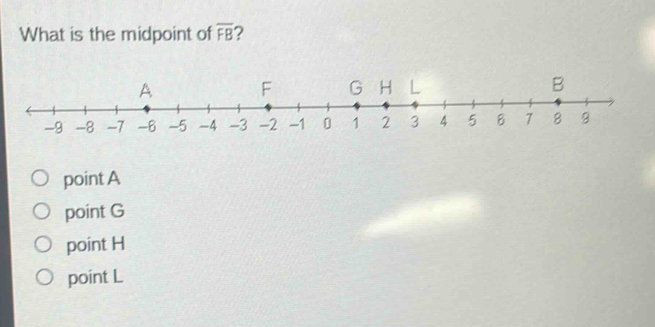 what is the midpoint of (overline{fb})?\npoint a\npoint g\npoint h\npoint l
