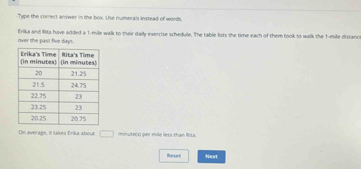 type the correct answer in the box. use numerals instead of words. erika and rita have added a 1 - mile walk to their daily exercise schedule. the table lists the time each of them took to walk the 1 - mile distance over the past five days.\n| erikas time (in minutes) | ritas time (in minutes) |\n| ---- | ---- |\n| 20 | 21.25 |\n| 21.5 | 24.75 |\n| 22.75 | 23 |\n| 23.25 | 23 |\n| 20.25 | 20.75 |\non average, it takes erika about minute(s) per mile less than rita.