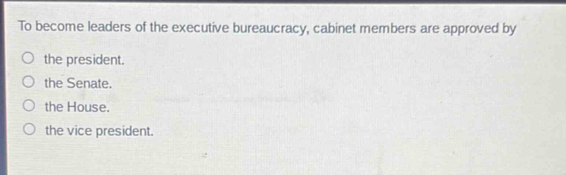 to become leaders of the executive bureaucracy, cabinet members are approved by\no the president.\no the senate.\no the house.\no the vice president.