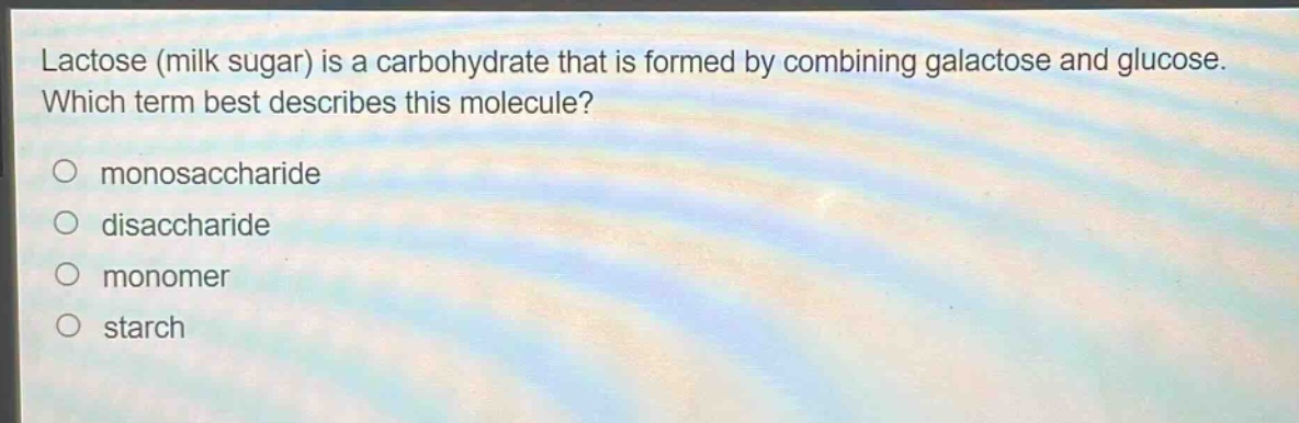 lactose (milk sugar) is a carbohydrate that is formed by combining galactose and glucose. which term best describes this molecule?\nmonosaccharide\ndisaccharide\nmonomer\nstarch