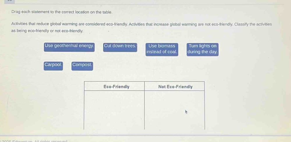 drag each statement to the correct location on the table. activities that reduce global warming are considered eco - friendly. activities that increase global warming are not eco - friendly. classify the activities as being eco - friendly or not eco - friendly. use geothermal energy. cut down trees. use biomass instead of coal. turn lights on during the day. carpool. compost. eco - friendly not eco - friendly