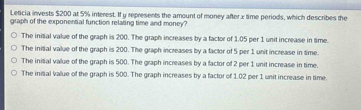 leticia invests $200 at 5% interest. if y represents the amount of money after x time periods, which describes the graph of the exponential function relating time and money?\no the initial value of the graph is 200. the graph increases by a factor of 1.05 per 1 unit increase in time.\no the initial value of the graph is 200. the graph increases by a factor of 5 per 1 unit increase in time.\no the initial value of the graph is 500. the graph increases by a factor of 2 per 1 unit increase in time.\no the initial value of the graph is 500. the graph increases by a factor of 1.02 per 1 unit increase in time.