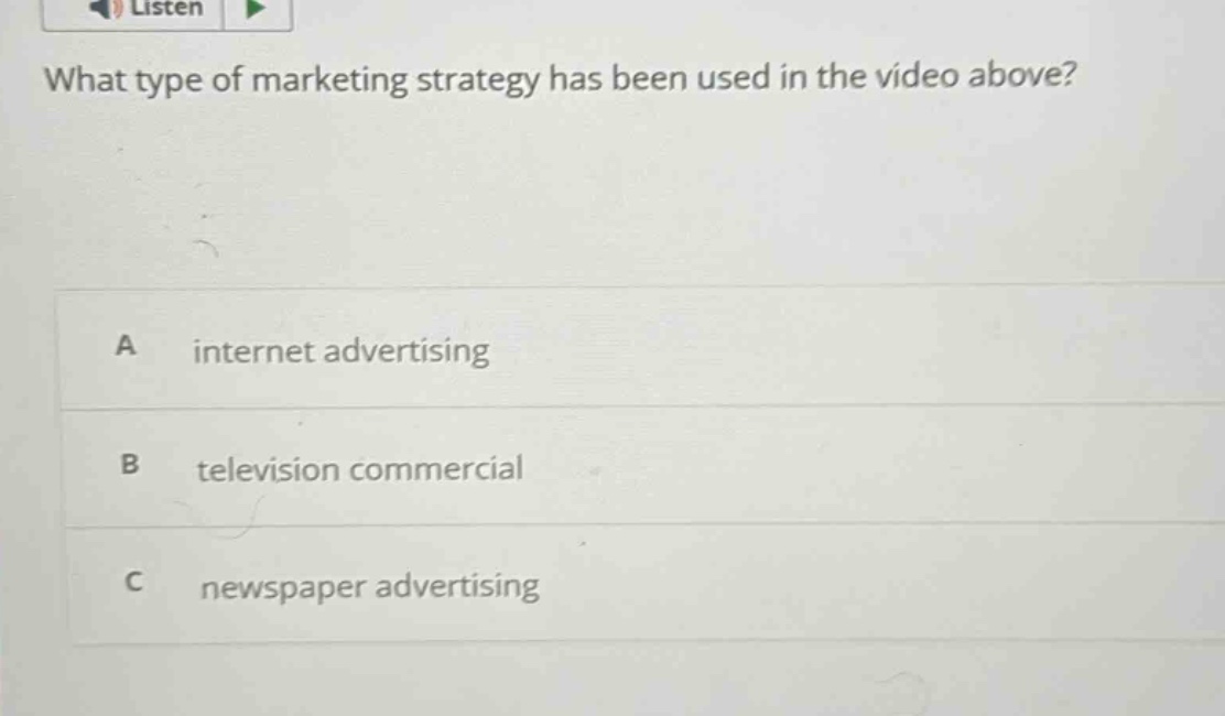 what type of marketing strategy has been used in the video above?\na internet advertising\nb television commercial\nc newspaper advertising