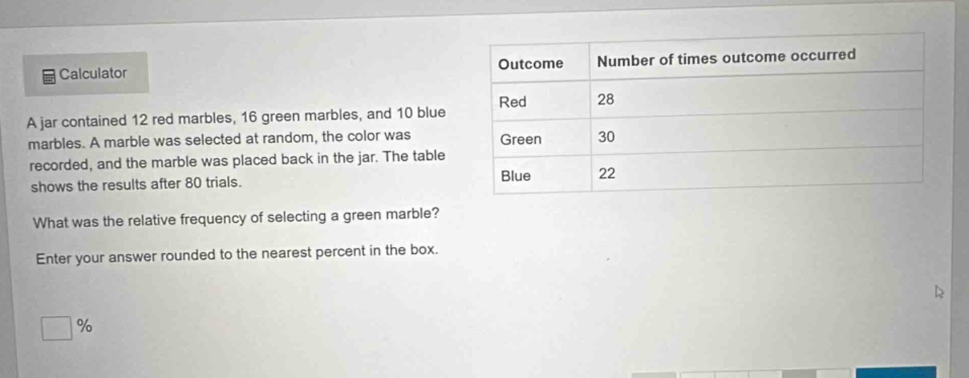 a jar contained 12 red marbles, 16 green marbles, and 10 blue marbles. a marble was selected at random, the color was recorded, and the marble was placed back in the jar. the table shows the results after 80 trials. what was the relative frequency of selecting a green marble? enter your answer rounded to the nearest percent in the box.