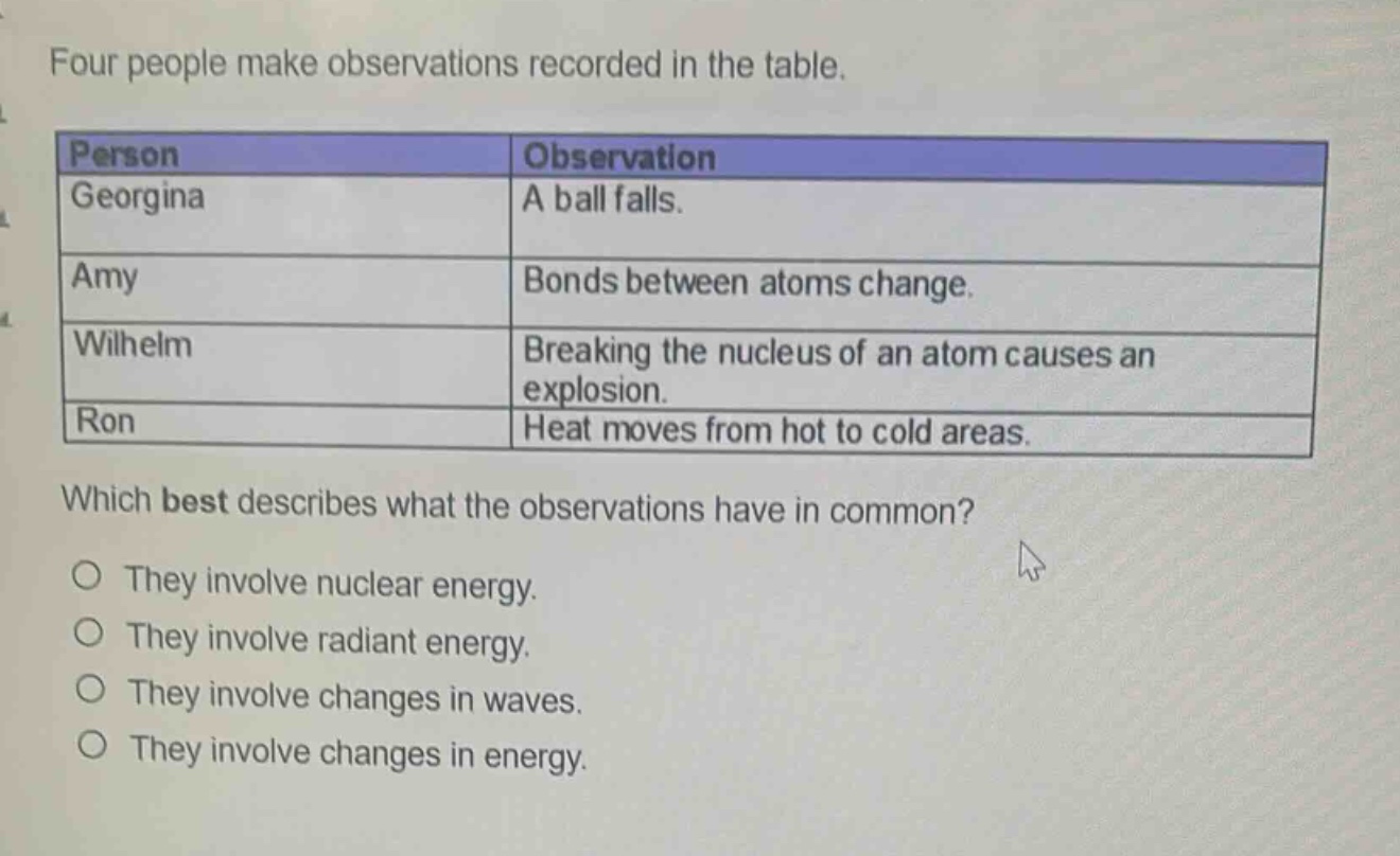four people make observations recorded in the table.\n| person | observation |\n|--|--| \n| georgina | a ball falls. |\n| amy | bonds between atoms change. |\n| wilhelm | breaking the nucleus of an atom causes an explosion. |\n| ron | heat moves from hot to cold areas. |\nwhich best describes what the observations have in common?\no they involve nuclear energy.\no they involve radiant energy.\no they involve changes in waves.\no they involve changes in energy.