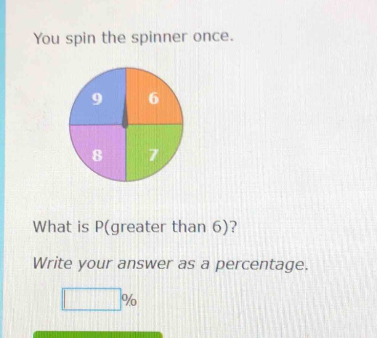 you spin the spinner once. what is p(greater than 6)? write your answer as a percentage. %