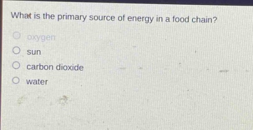 what is the primary source of energy in a food chain?\noxygen\nsun\ncarbon dioxide\nwater