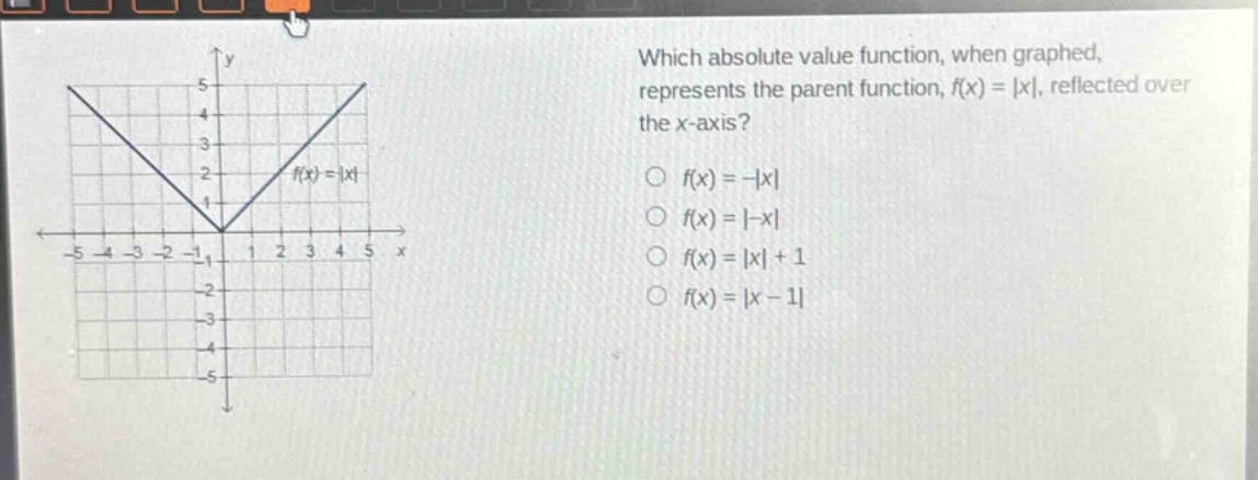 which absolute value function, when graphed, represents the parent function, f(x) = |x|, reflected over the x - axis?\n○ f(x)=-|x|\n○ f(x)=|-x|\n○ f(x)=|x| + 1\n○ f(x)=|x - 1|