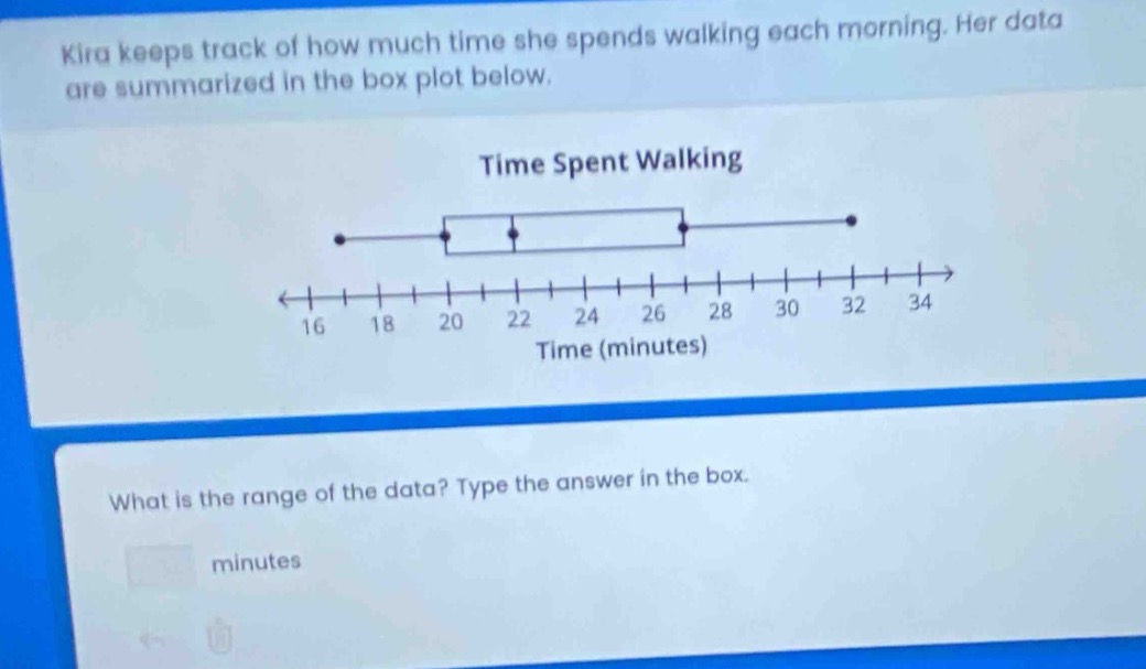 kira keeps track of how much time she spends walking each morning. her data are summarized in the box plot below. time spent walking what is the range of the data? type the answer in the box. minutes