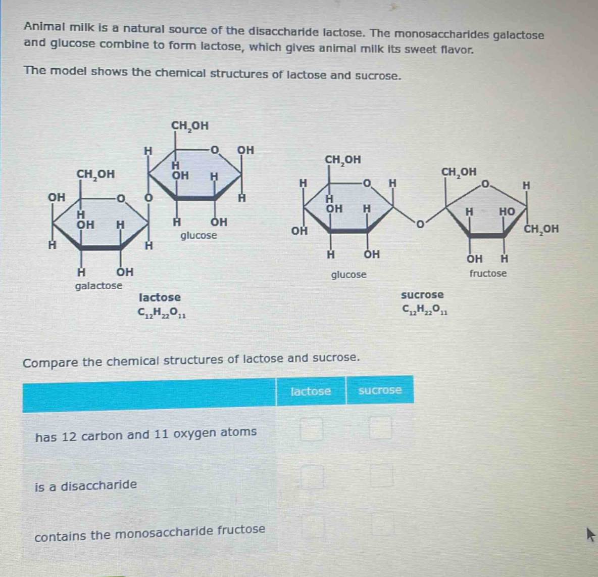 animal milk is a natural source of the disaccharide lactose. the monosaccharides galactose and glucose combine to form lactose, which gives animal milk its sweet flavor.\nthe model shows the chemical structures of lactose and sucrose.\ncompare the chemical structures of lactose and sucrose.\n| | lactose | sucrose |\n|--|--|--| \n| has 12 carbon and 11 oxygen atoms | | |\n| is a disaccharide | | |\n| contains the monosaccharide fructose | | |